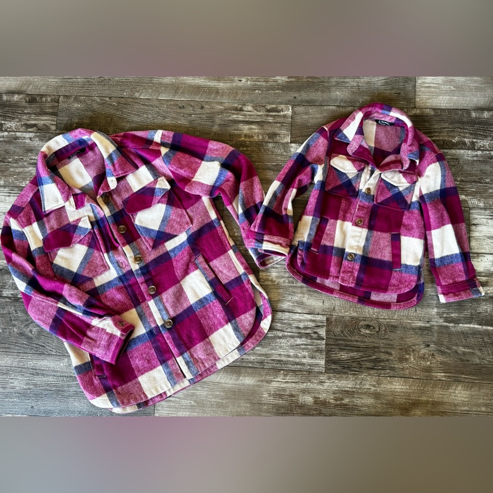 Mommy & Me pink and purple plaid shackets